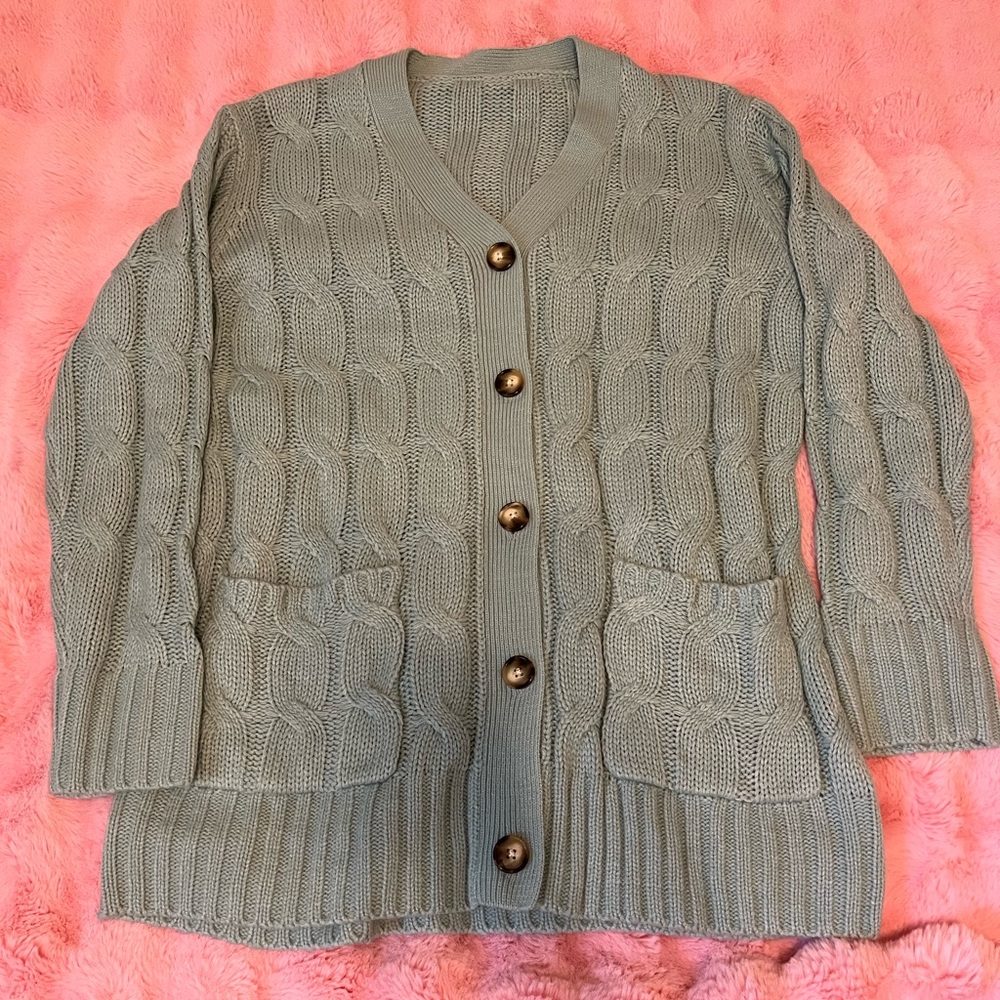 Cozy Cable Knit Cardigan Sweater - Mint Green